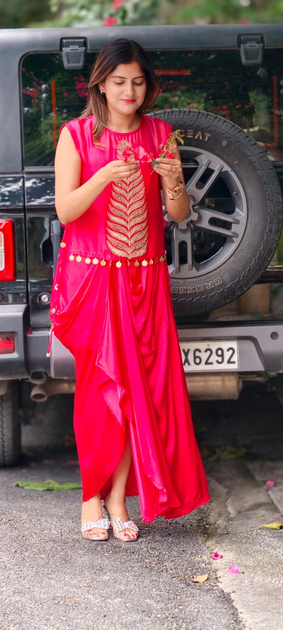 Fine Metallic Leaf Patterns Embroidery Coin Latkan Ombre Dye Indo-Wear Top With Matching Drape Skirt- 16011