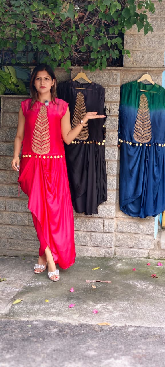 Fine Metallic Leaf Patterns Embroidery Coin Latkan Ombre Dye Indo-Wear Top With Matching Drape Skirt- 16011