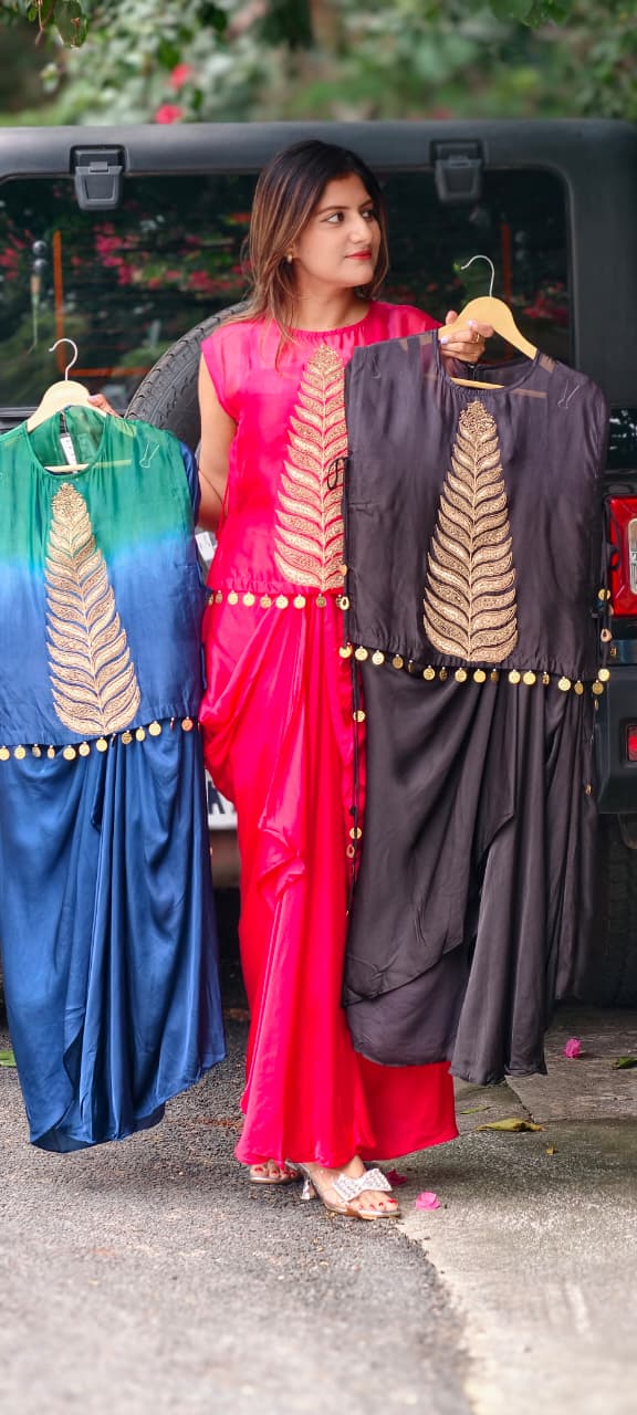 Fine Metallic Leaf Patterns Embroidery Coin Latkan Ombre Dye Indo-Wear Top With Matching Drape Skirt- 16011