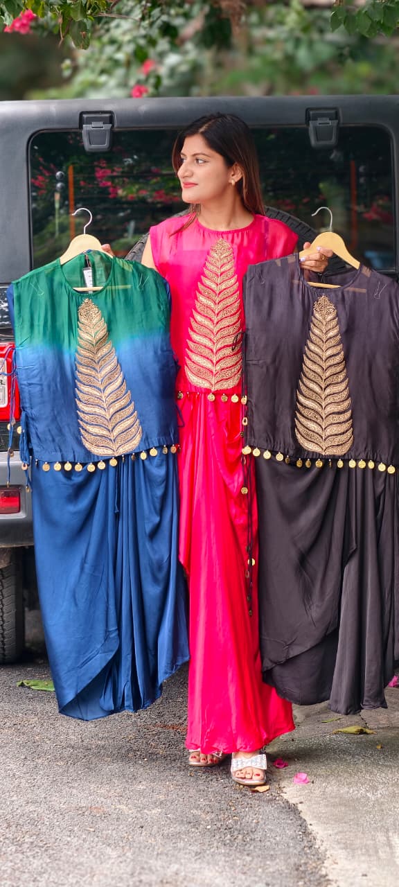 Fine Metallic Leaf Patterns Embroidery Coin Latkan Ombre Dye Indo-Wear Top With Matching Drape Skirt- 16011