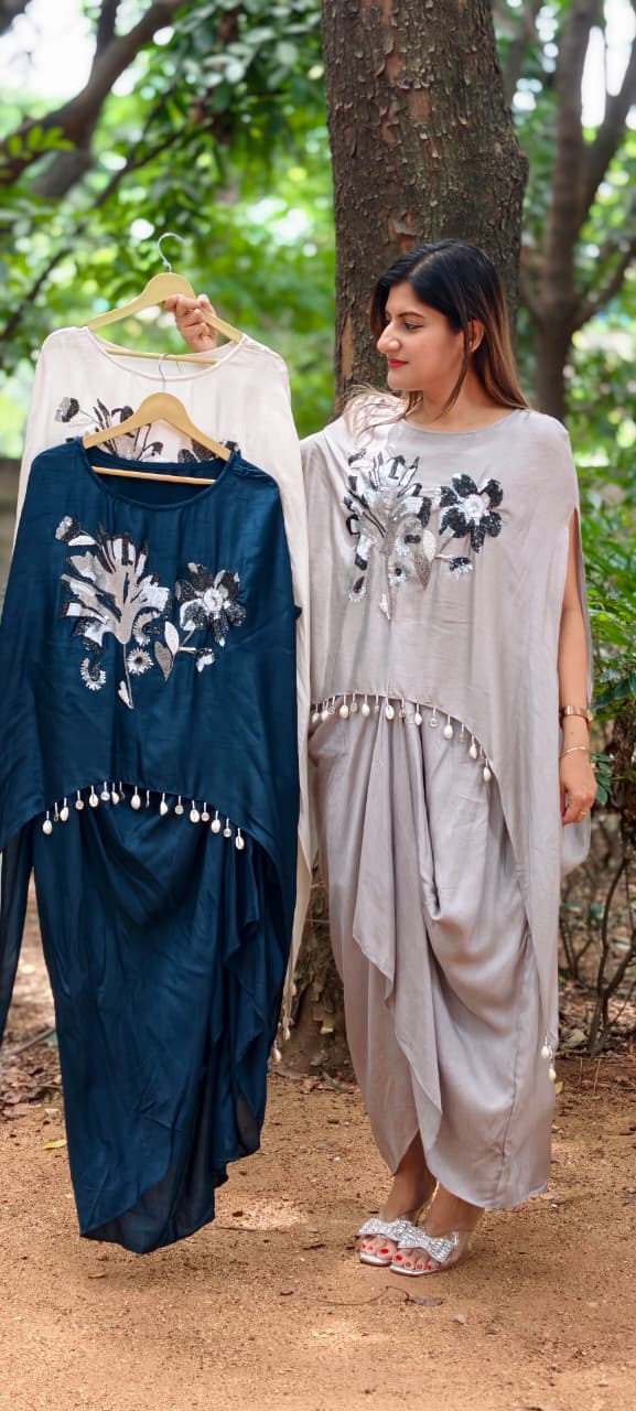 3D Floral Embroidery Marodi Work Kodi Tassel Accent High-Low Top With Matching Drape Skirt- 16010