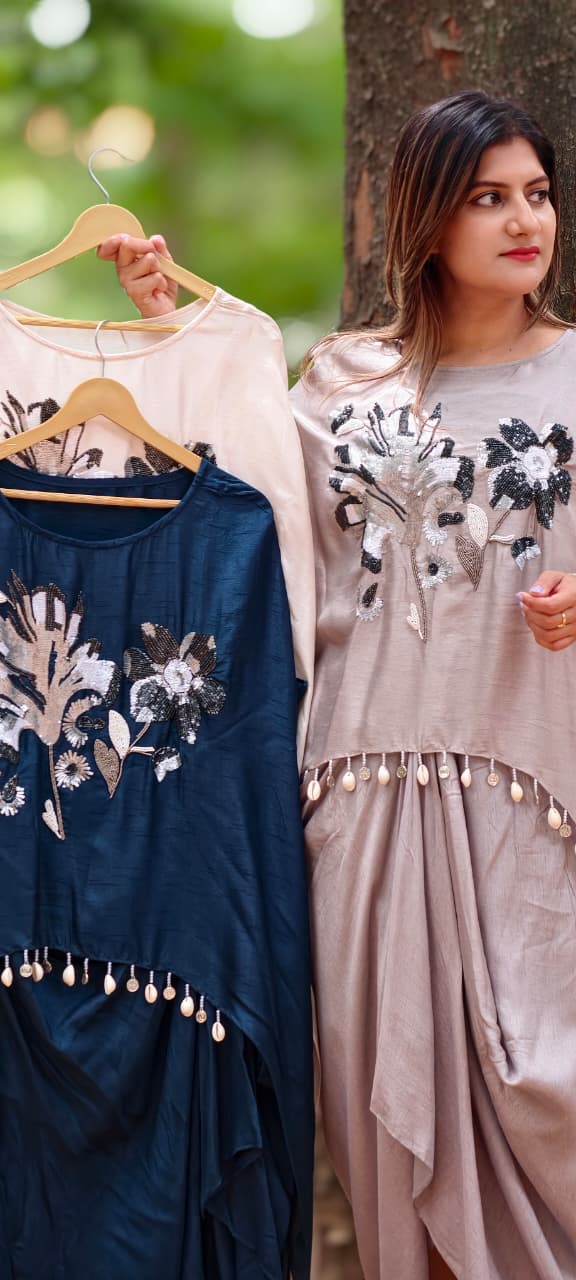 3D Floral Embroidery Marodi Work Kodi Tassel Accent High-Low Top With Matching Drape Skirt- 16010