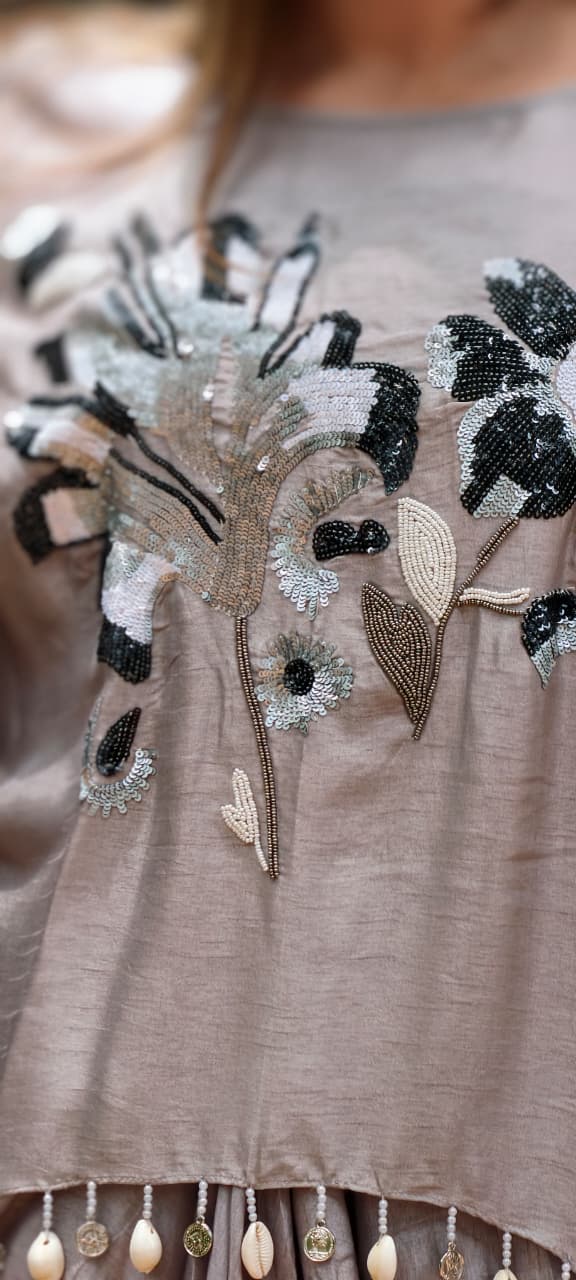 3D Floral Embroidery Marodi Work Kodi Tassel Accent High-Low Top With Matching Drape Skirt- 16010