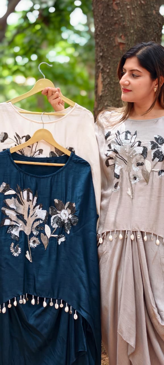 3D Floral Embroidery Marodi Work Kodi Tassel Accent High-Low Top With Matching Drape Skirt- 16010