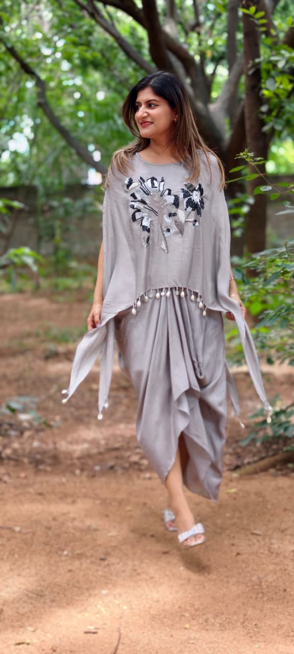 3D Floral Embroidery Marodi Work Kodi Tassel Accent High-Low Top With Matching Drape Skirt- 16010