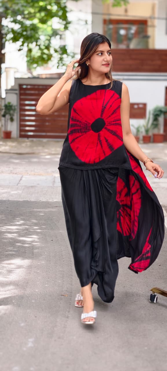 Tie-Dye Rounded Diagonal Patch Prints Dual Tone Sleeveless Flared Top With Matching Drape Skirt- 16009