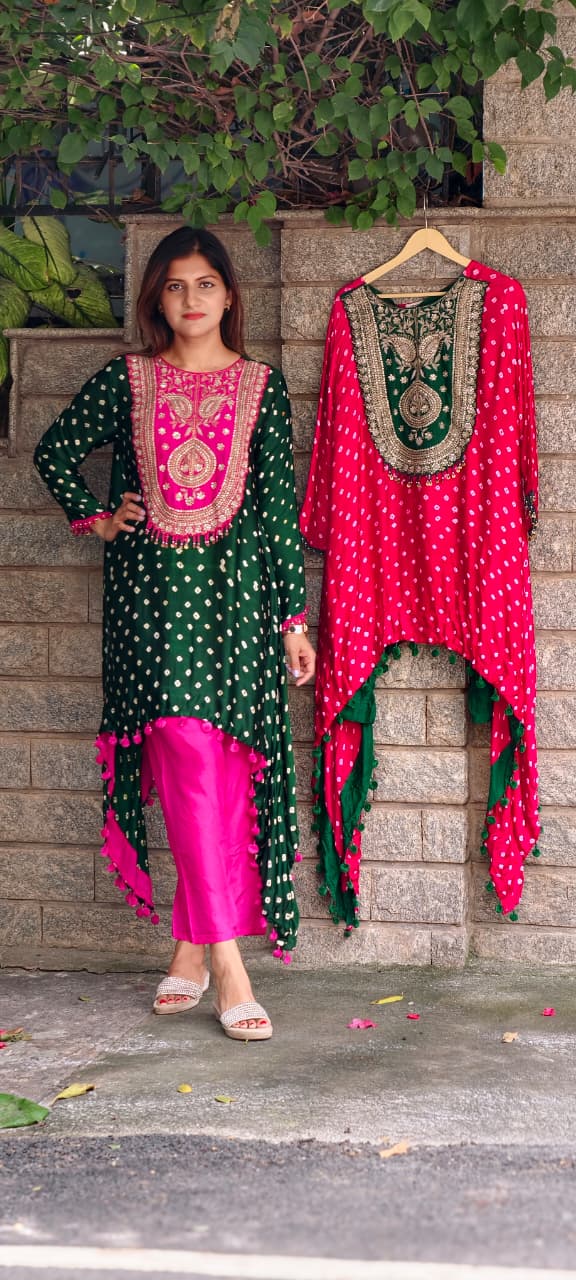 Rich Zardozi Yoke With Coin Latkan Accents Bandhej Printed High-Low Dual Tone Kurta With Solid Bottom- 16016