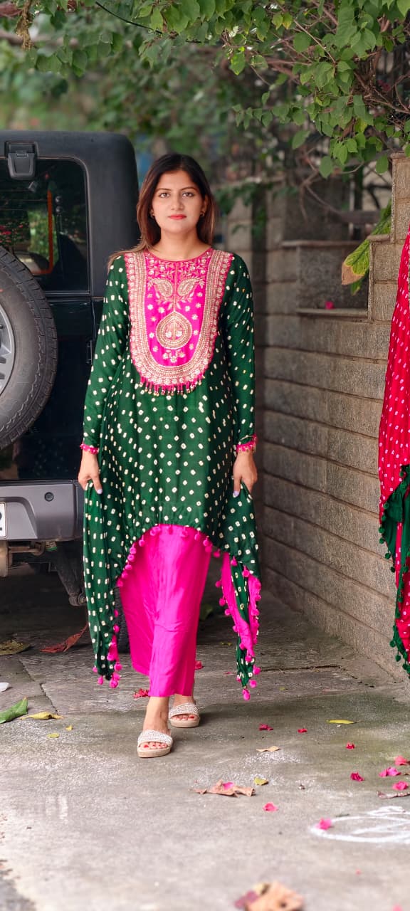Rich Zardozi Yoke With Coin Latkan Accents Bandhej Printed High-Low Dual Tone Kurta With Solid Bottom- 16016