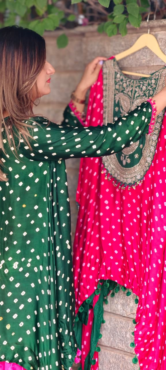 Rich Zardozi Yoke With Coin Latkan Accents Bandhej Printed High-Low Dual Tone Kurta With Solid Bottom- 16016