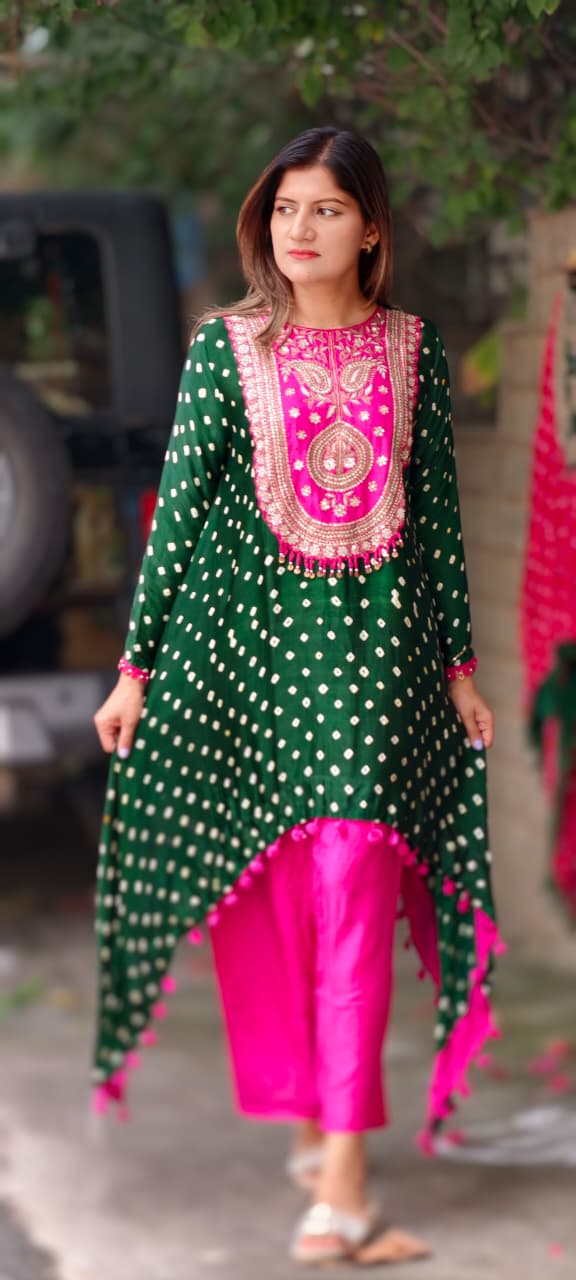 Rich Zardozi Yoke With Coin Latkan Accents Bandhej Printed High-Low Dual Tone Kurta With Solid Bottom- 16016
