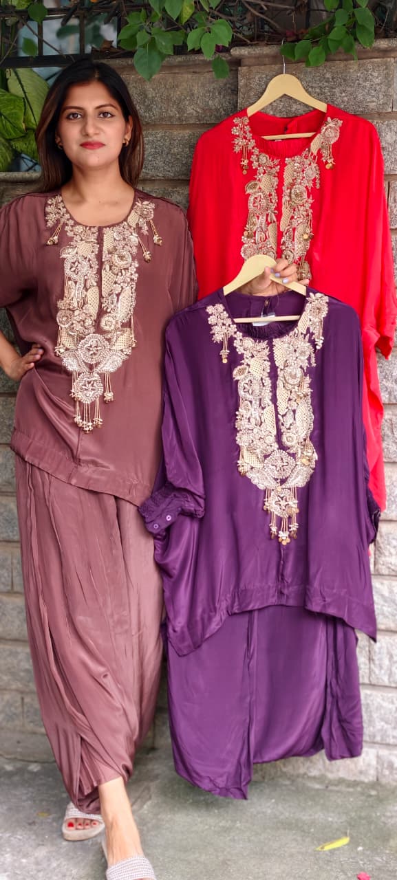 Traditional Indian Handwork Over Yoke Rich Tassel Accent Solid Tone Indo-Wear Top With Dhoti Style Bottom- 16014