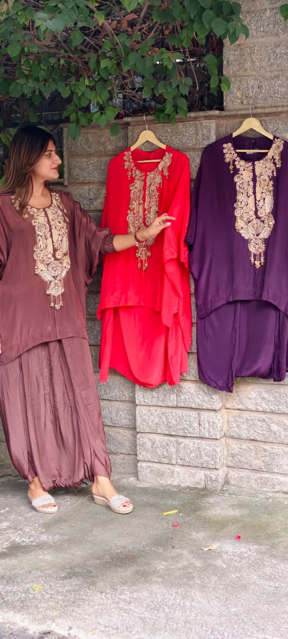 Traditional Indian Handwork Over Yoke Rich Tassel Accent Solid Tone Indo-Wear Top With Dhoti Style Bottom- 16014