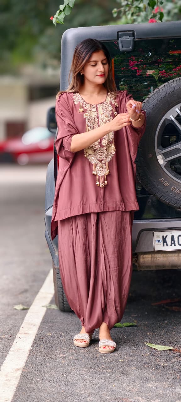 Traditional Indian Handwork Over Yoke Rich Tassel Accent Solid Tone Indo-Wear Top With Dhoti Style Bottom- 16014
