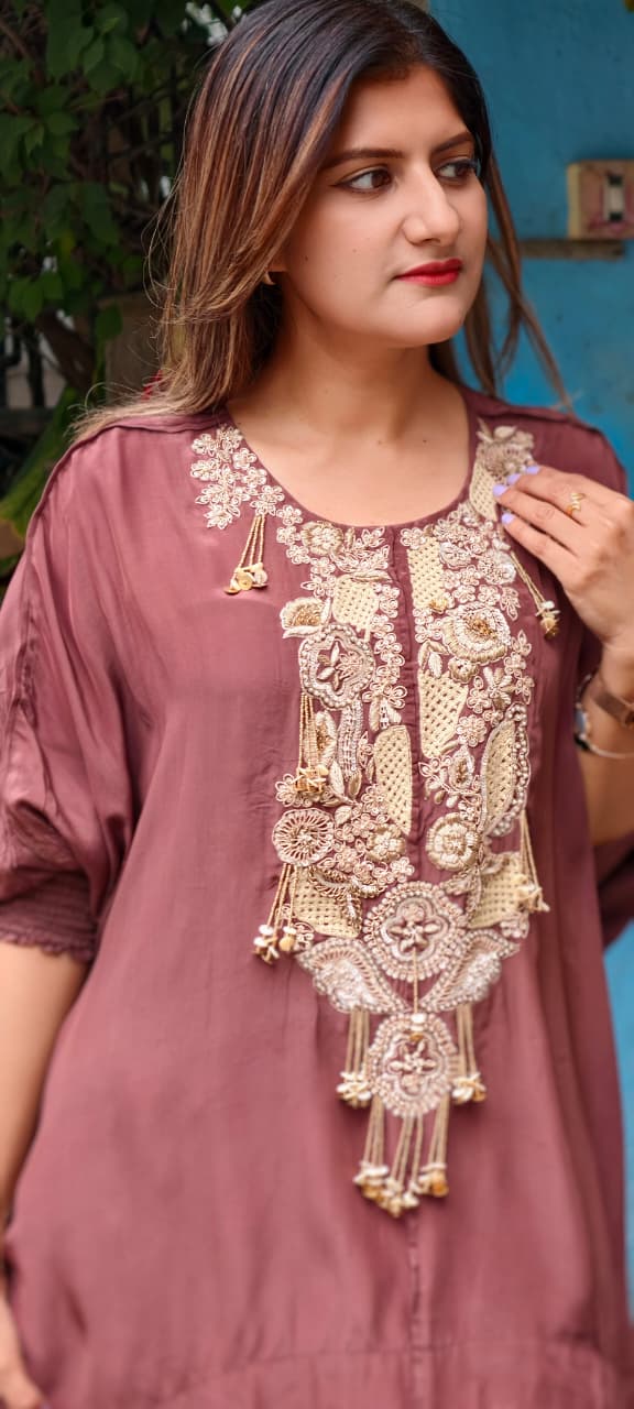 Traditional Indian Handwork Over Yoke Rich Tassel Accent Solid Tone Indo-Wear Top With Dhoti Style Bottom- 16014