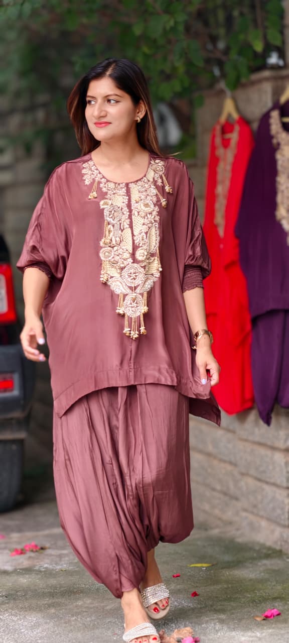 Traditional Indian Handwork Over Yoke Rich Tassel Accent Solid Tone Indo-Wear Top With Dhoti Style Bottom- 16014