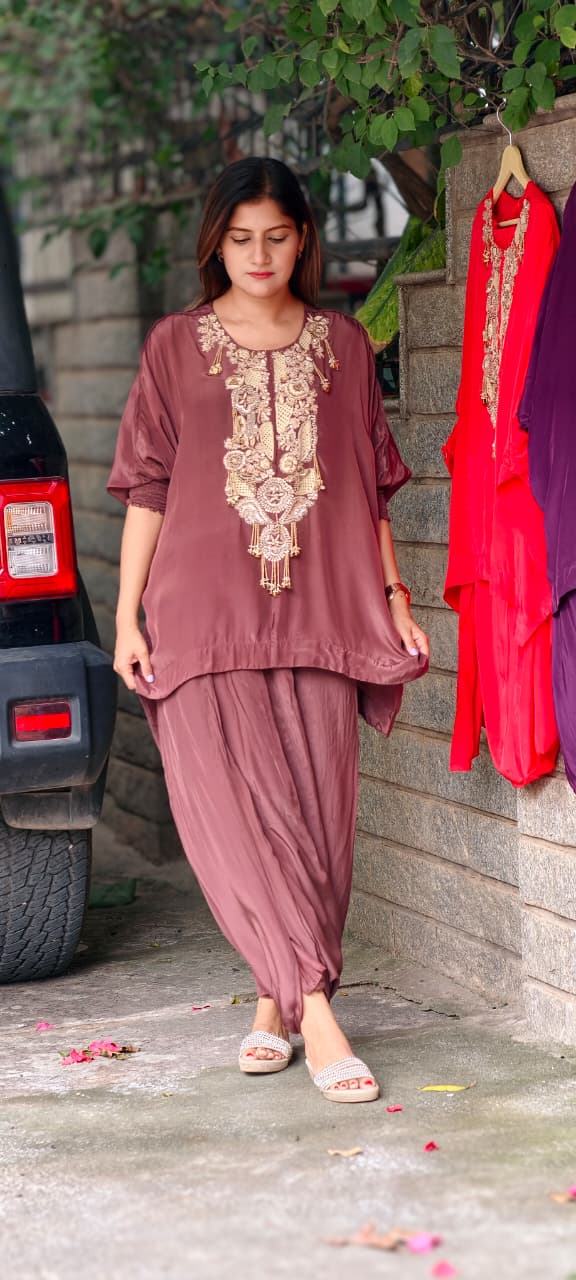 Traditional Indian Handwork Over Yoke Rich Tassel Accent Solid Tone Indo-Wear Top With Dhoti Style Bottom- 16014
