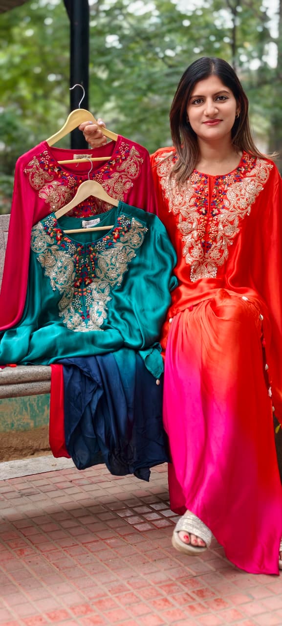 Multicolor Marodi Embroidery Work Yoke High-Low Tassel Accent Flowy Indo-Wear Drape Skirt- 16017
