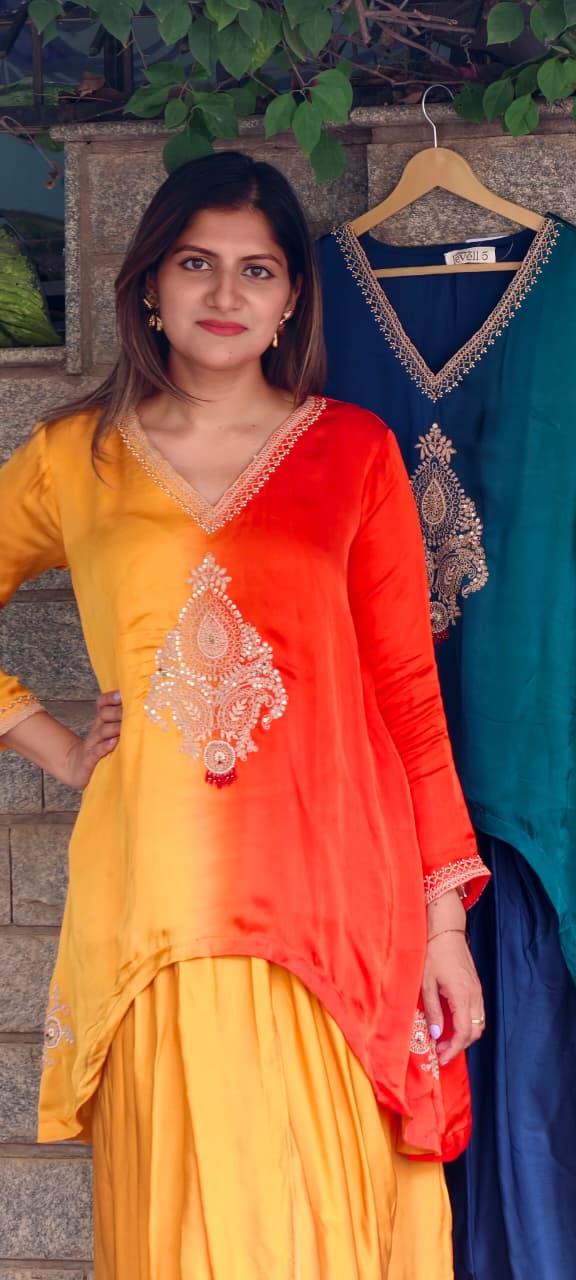 Fine Intricate Mango Buti Inspired Embroidery U-Cut High-Low Indo-Wear Ombre Top With Matching Solid Drape Matching Bottom- 16012