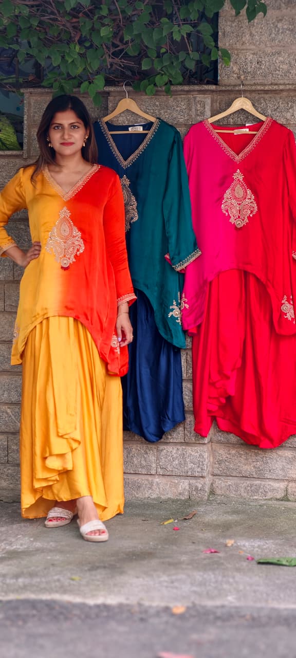 Fine Intricate Mango Buti Inspired Embroidery U-Cut High-Low Indo-Wear Ombre Top With Matching Solid Drape Matching Bottom- 16012