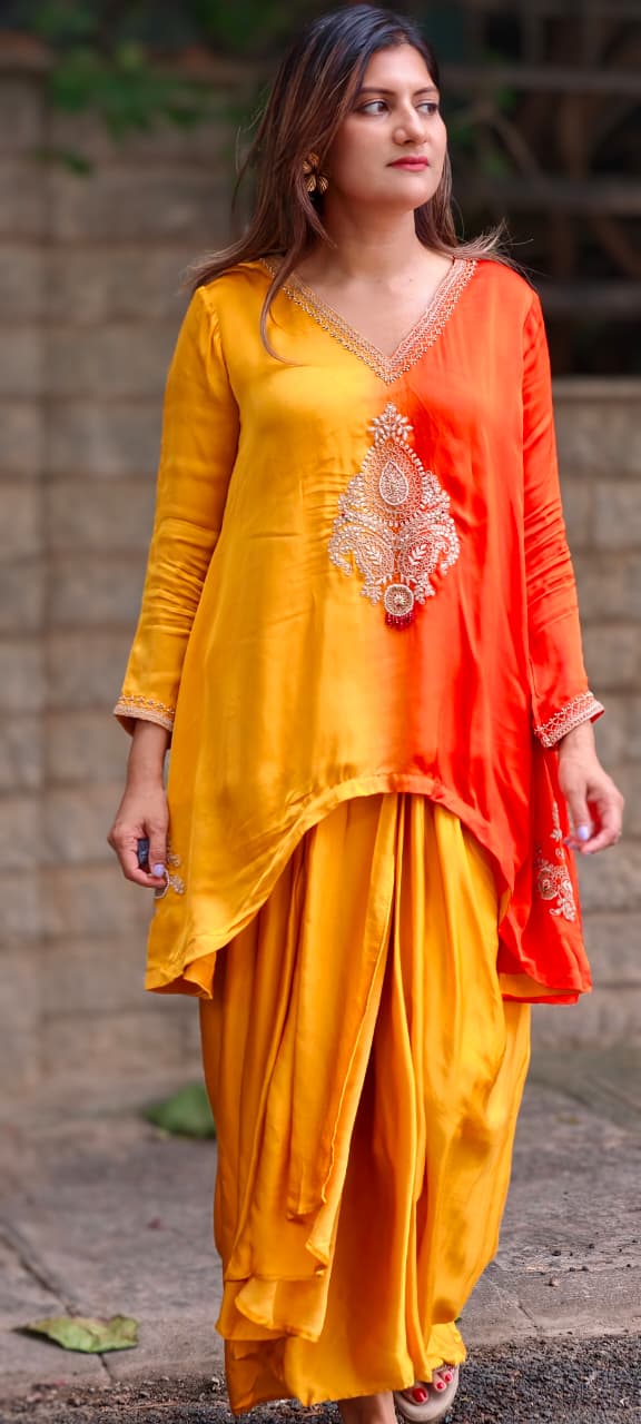 Fine Intricate Mango Buti Inspired Embroidery U-Cut High-Low Indo-Wear Ombre Top With Matching Solid Drape Matching Bottom- 16012