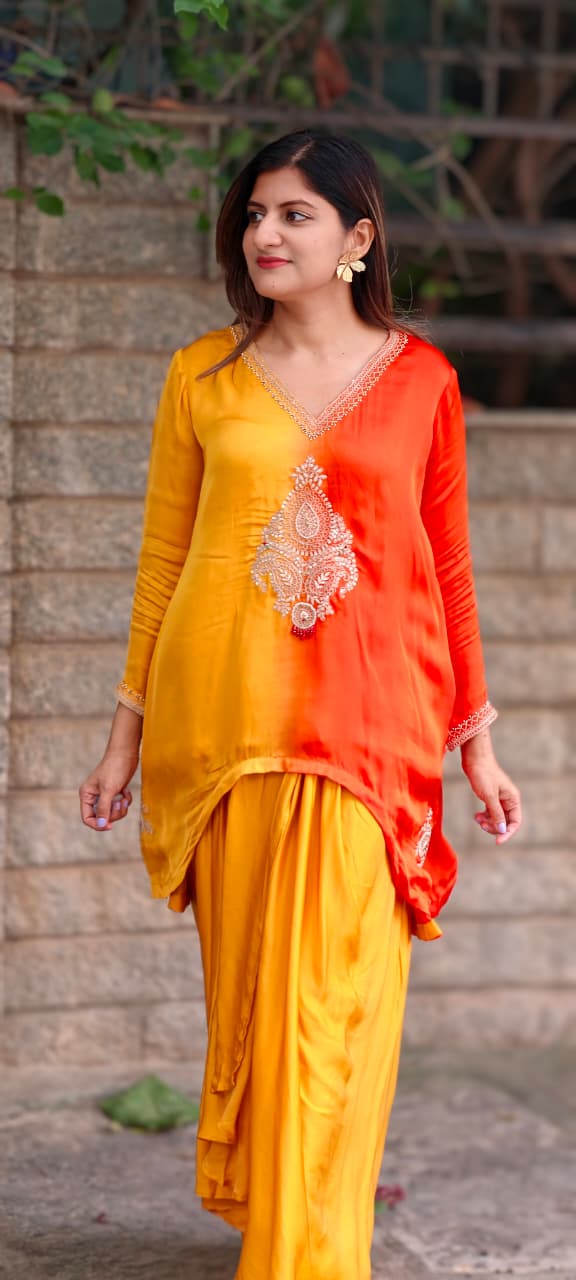 Fine Intricate Mango Buti Inspired Embroidery U-Cut High-Low Indo-Wear Ombre Top With Matching Solid Drape Matching Bottom- 16012