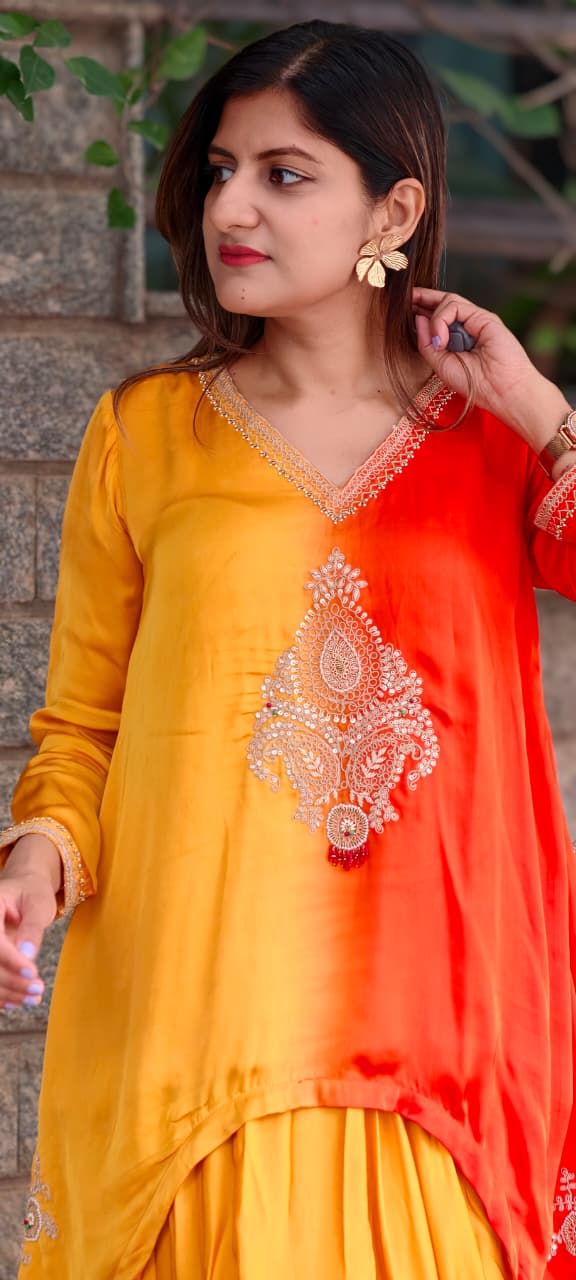 Fine Intricate Mango Buti Inspired Embroidery U-Cut High-Low Indo-Wear Ombre Top With Matching Solid Drape Matching Bottom- 16012