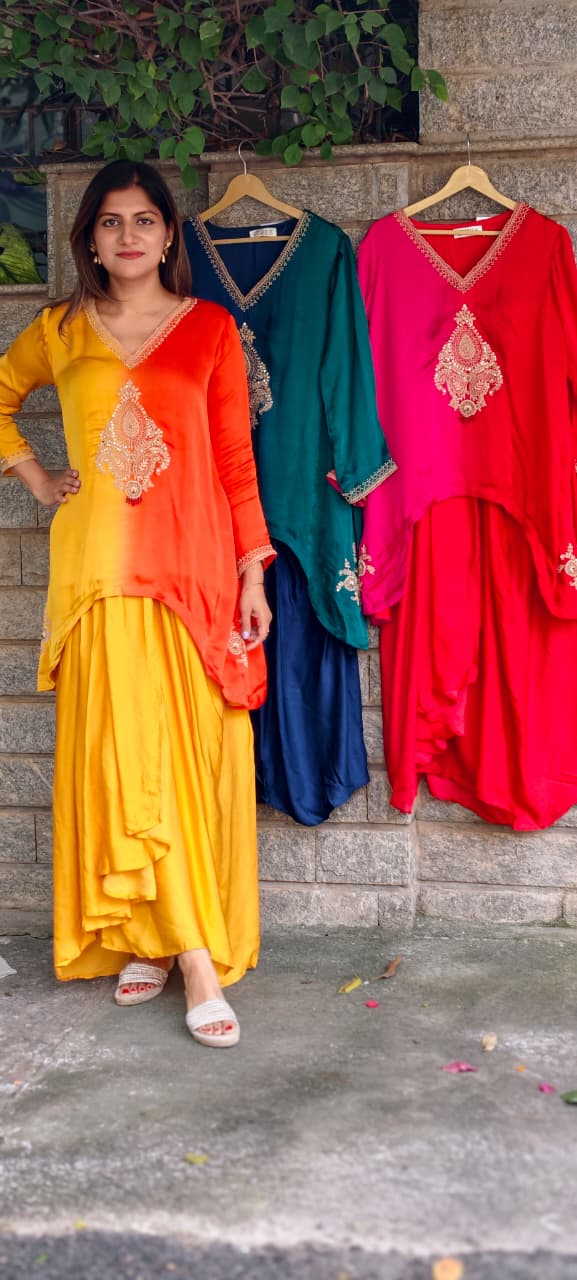 Fine Intricate Mango Buti Inspired Embroidery U-Cut High-Low Indo-Wear Ombre Top With Matching Solid Drape Matching Bottom- 16012