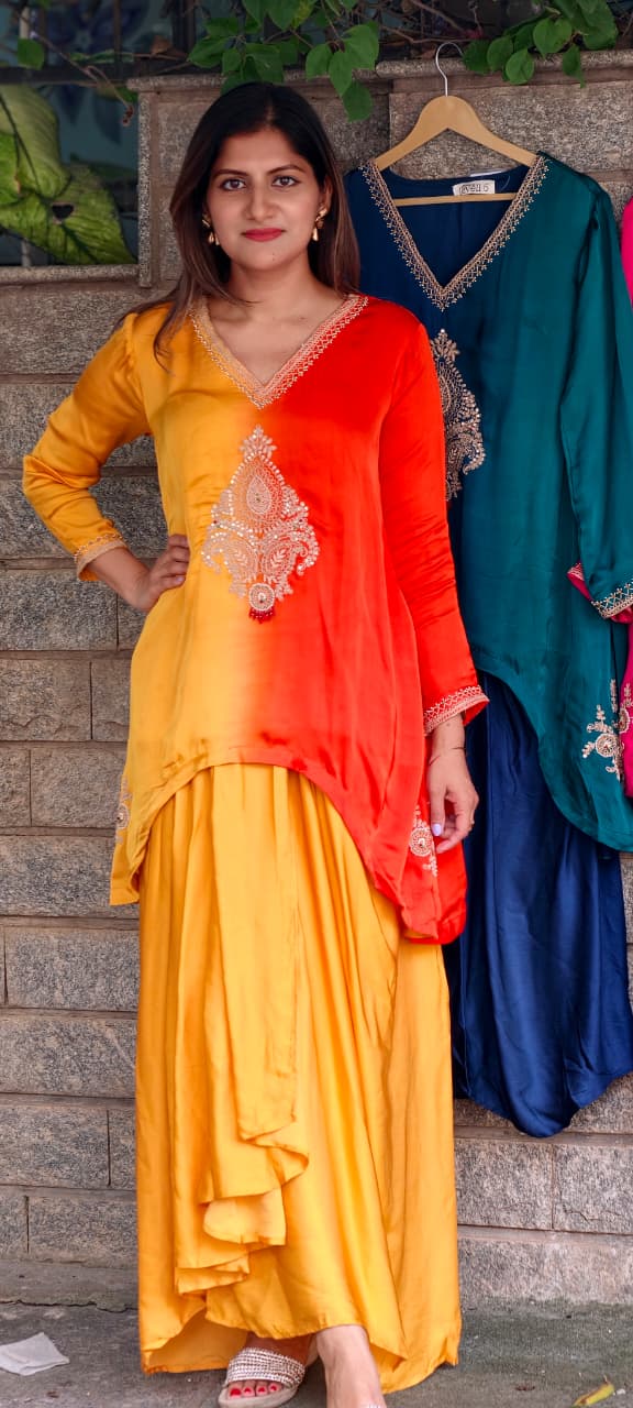 Fine Intricate Mango Buti Inspired Embroidery U-Cut High-Low Indo-Wear Ombre Top With Matching Solid Drape Matching Bottom- 16012