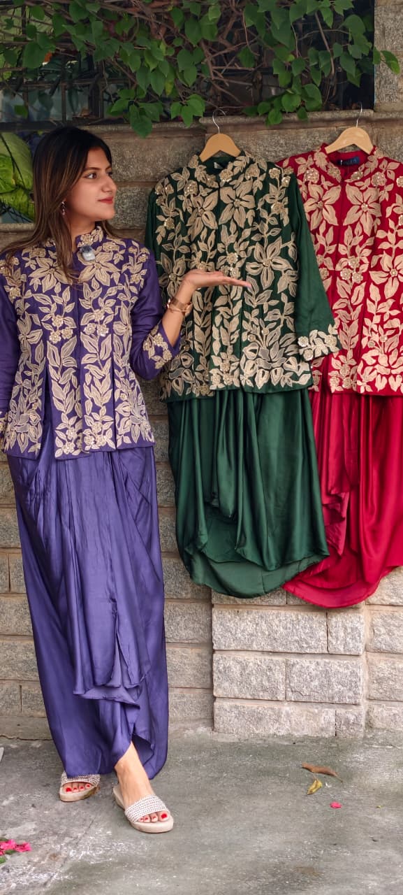 Petals Embroidered High-Neck Multiple Slitted Kurta With Drape Skirt Bottom Single Tone Indo-Wear- 16015