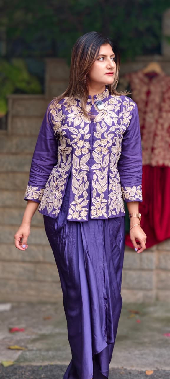Petals Embroidered High-Neck Multiple Slitted Kurta With Drape Skirt Bottom Single Tone Indo-Wear- 16015