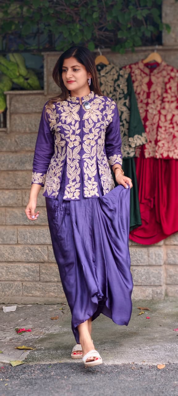 Petals Embroidered High-Neck Multiple Slitted Kurta With Drape Skirt Bottom Single Tone Indo-Wear- 16015