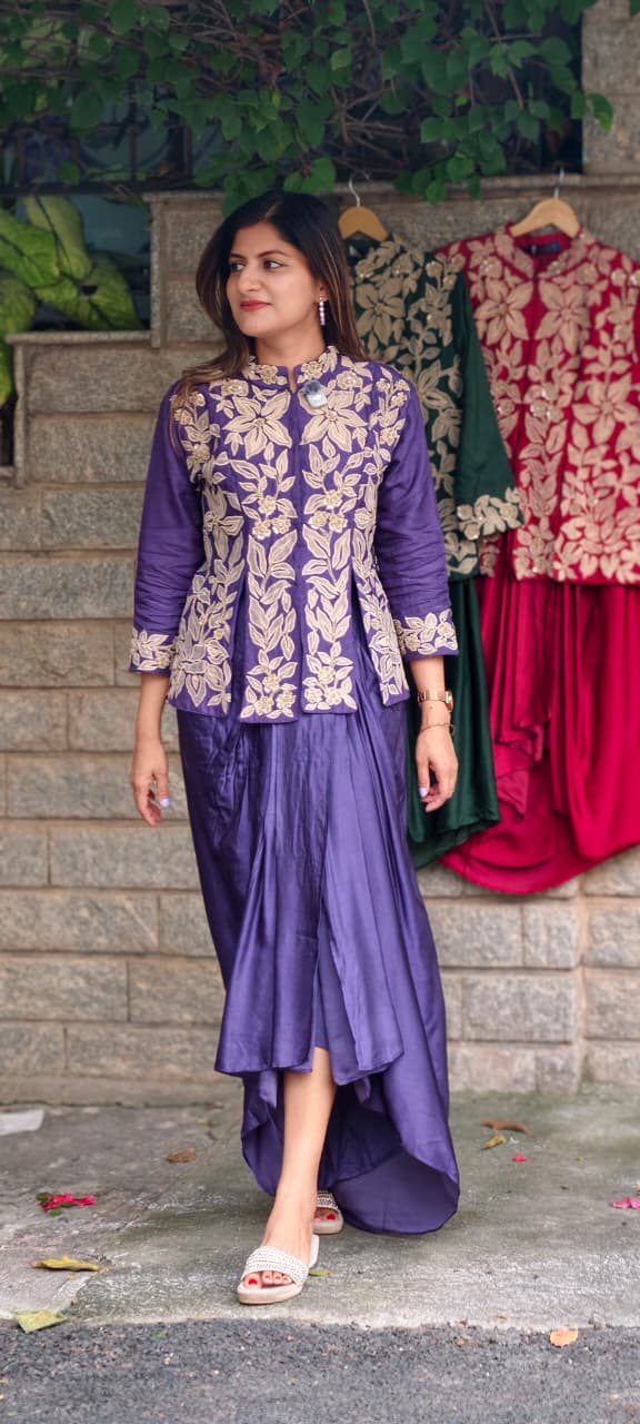 Petals Embroidered High-Neck Multiple Slitted Kurta With Drape Skirt Bottom Single Tone Indo-Wear- 16015