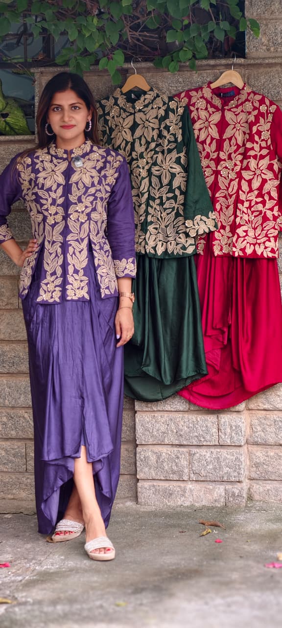 Petals Embroidered High-Neck Multiple Slitted Kurta With Drape Skirt Bottom Single Tone Indo-Wear- 16015