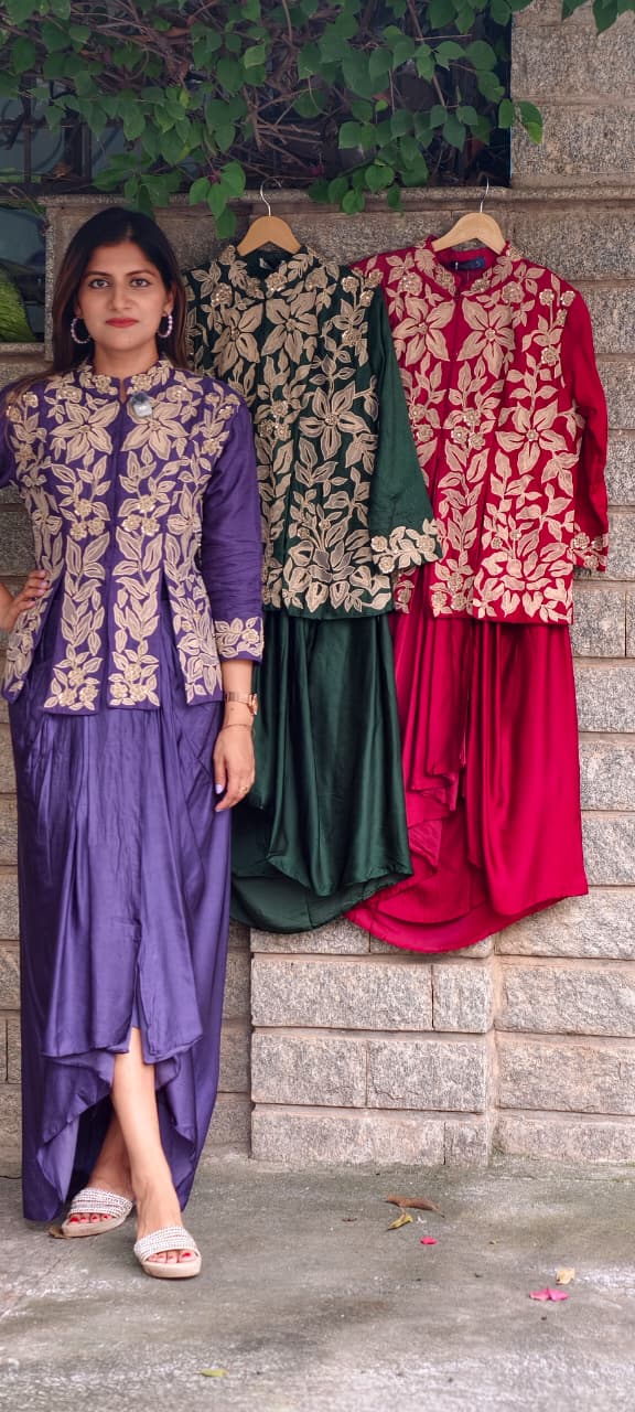 Petals Embroidered High-Neck Multiple Slitted Kurta With Drape Skirt Bottom Single Tone Indo-Wear- 16015
