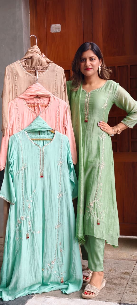 Minimal Rich Intricate Embroidered Tassel Highlights Premium Mul-Chanderi A-Line Full Suit Set With Dupatta- 15941