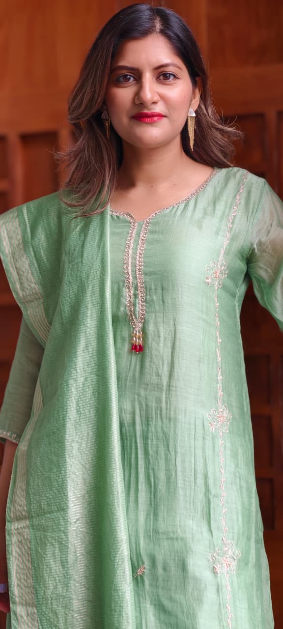Minimal Rich Intricate Embroidered Tassel Highlights Premium Mul-Chanderi A-Line Full Suit Set With Dupatta- 15941