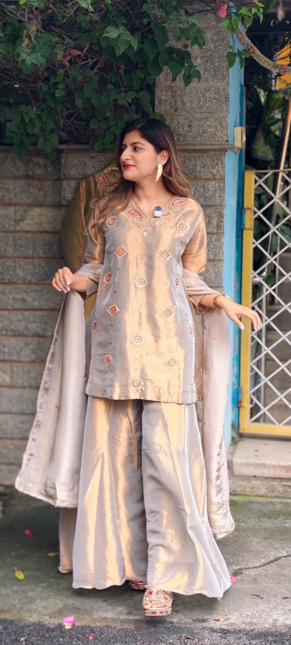 Antique Color Pallete Metallic Embroidery Short Length Kurti With Flared Palazzo Bottom & Matching Dupatta- 15864