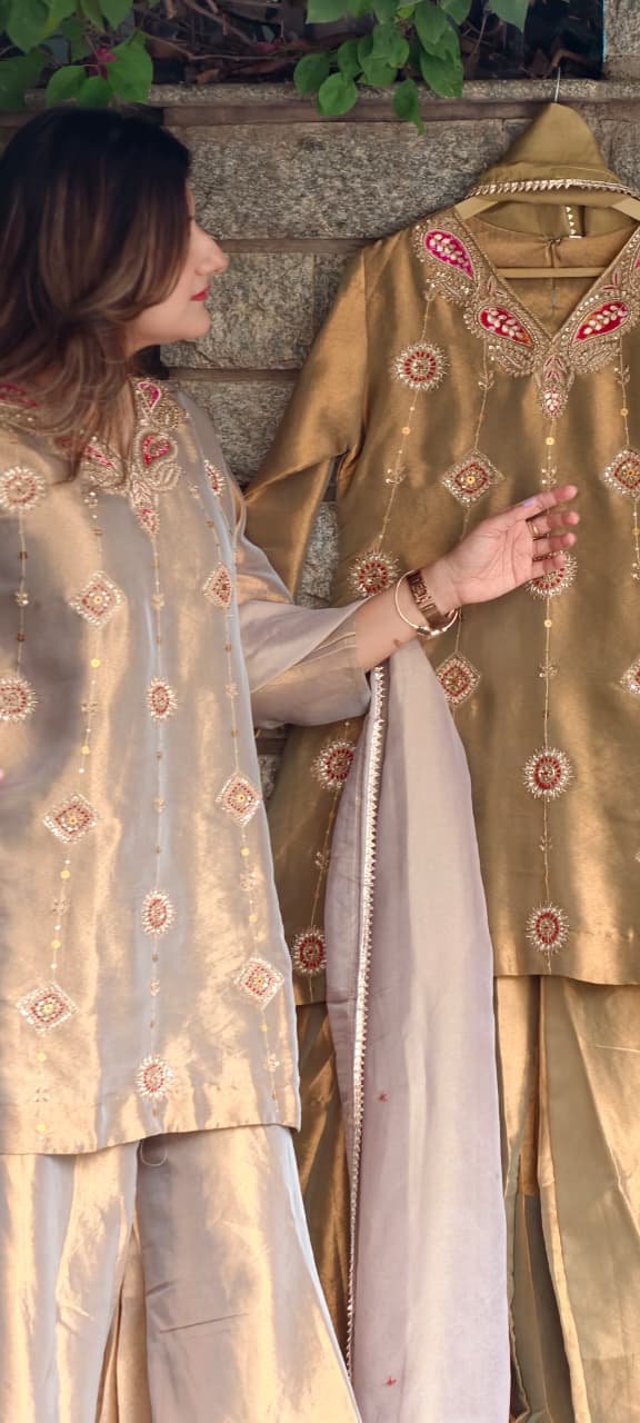 Antique Color Pallete Metallic Embroidery Short Length Kurti With Flared Palazzo Bottom & Matching Dupatta- 15864