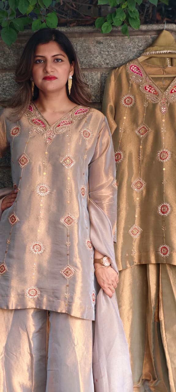 Antique Color Pallete Metallic Embroidery Short Length Kurti With Flared Palazzo Bottom & Matching Dupatta- 15864