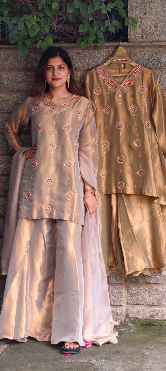 Antique Color Pallete Metallic Embroidery Short Length Kurti With Flared Palazzo Bottom & Matching Dupatta- 15864