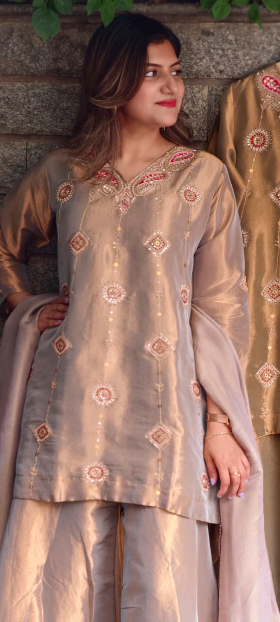 Antique Color Pallete Metallic Embroidery Short Length Kurti With Flared Palazzo Bottom & Matching Dupatta- 15864