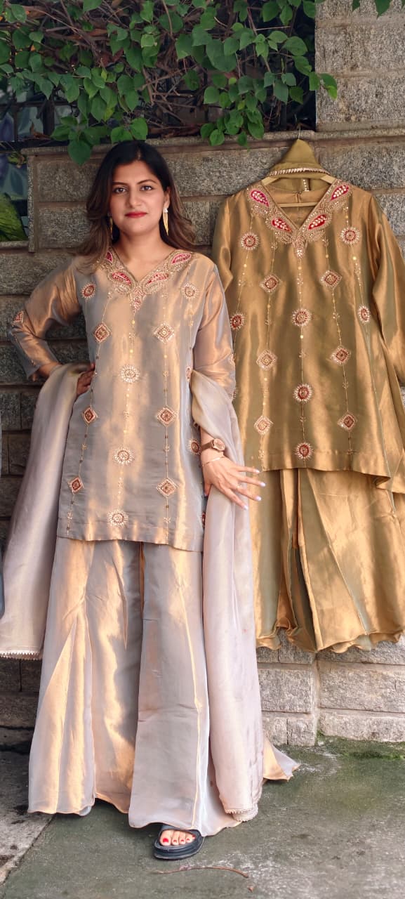 Antique Color Pallete Metallic Embroidery Short Length Kurti With Flared Palazzo Bottom & Matching Dupatta- 15864