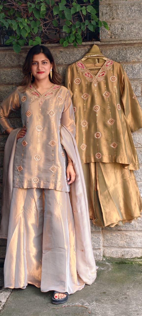 Antique Color Pallete Metallic Embroidery Short Length Kurti With Flared Palazzo Bottom & Matching Dupatta- 15864