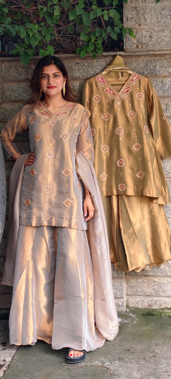 Antique Color Pallete Metallic Embroidery Short Length Kurti With Flared Palazzo Bottom & Matching Dupatta- 15864