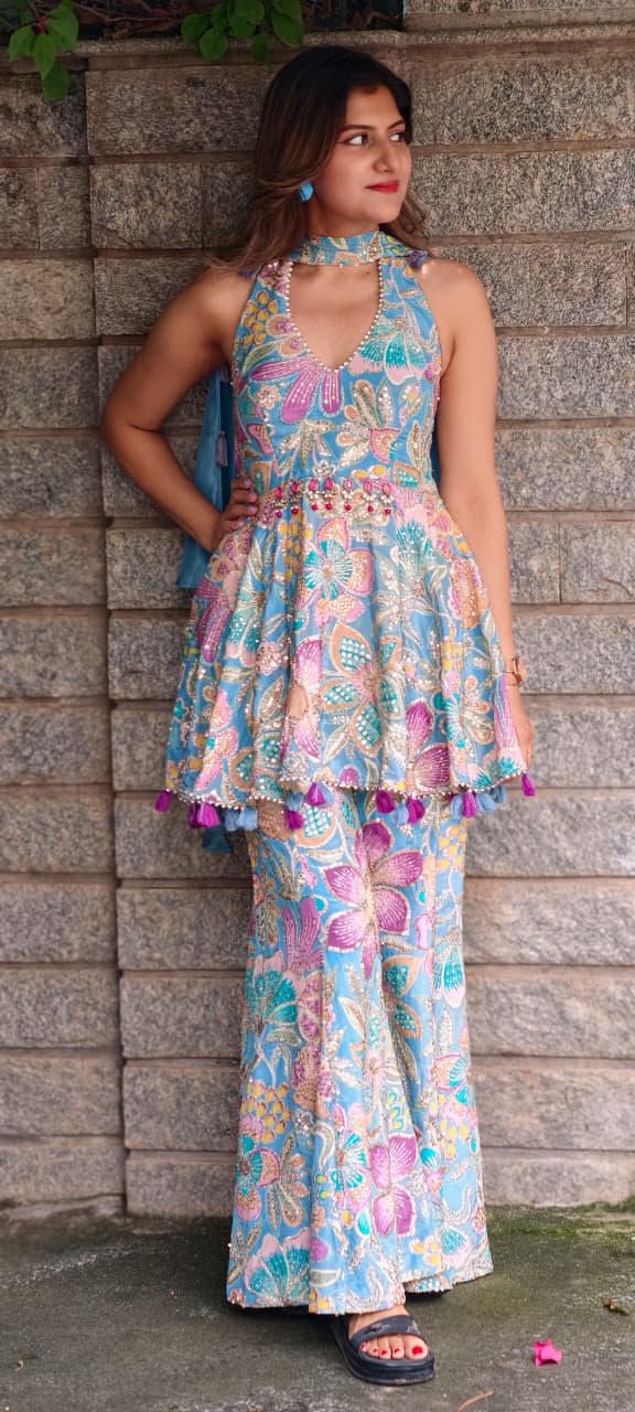 Shimmer Glance Multicolor Spring Floral Jewel Over Waist Haulter Peplum Kurta With Palazzo Bottom & Chowker Dupatta- 15008