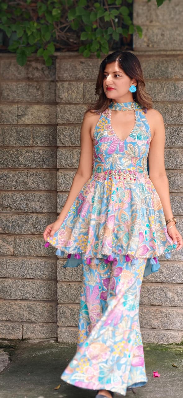 Shimmer Glance Multicolor Spring Floral Jewel Over Waist Haulter Peplum Kurta With Palazzo Bottom & Chowker Dupatta- 15008