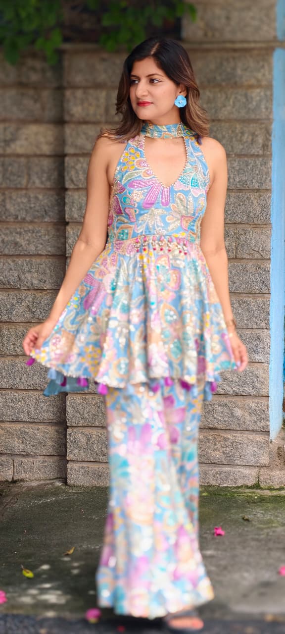 Shimmer Glance Multicolor Spring Floral Jewel Over Waist Haulter Peplum Kurta With Palazzo Bottom & Chowker Dupatta- 15008