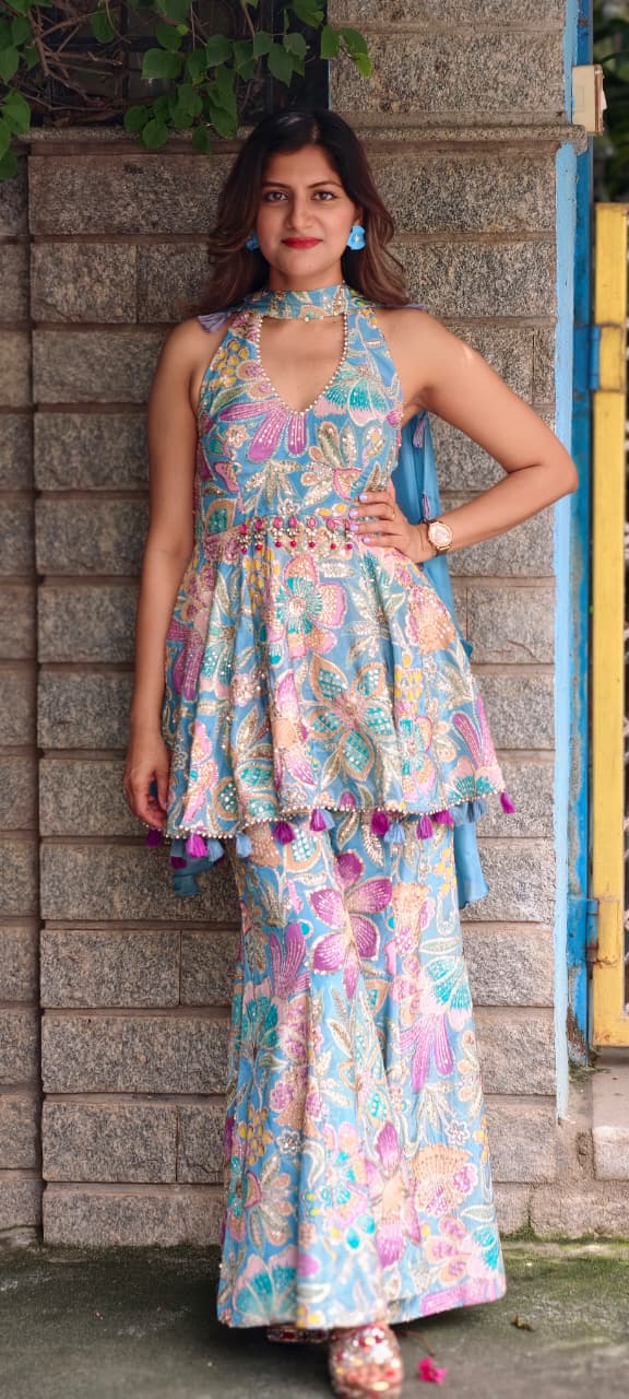 Shimmer Glance Multicolor Spring Floral Jewel Over Waist Haulter Peplum Kurta With Palazzo Bottom & Chowker Dupatta- 15008