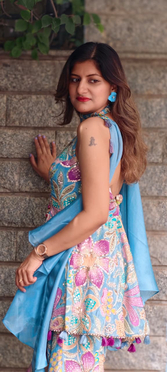 Shimmer Glance Multicolor Spring Floral Jewel Over Waist Haulter Peplum Kurta With Palazzo Bottom & Chowker Dupatta- 15008
