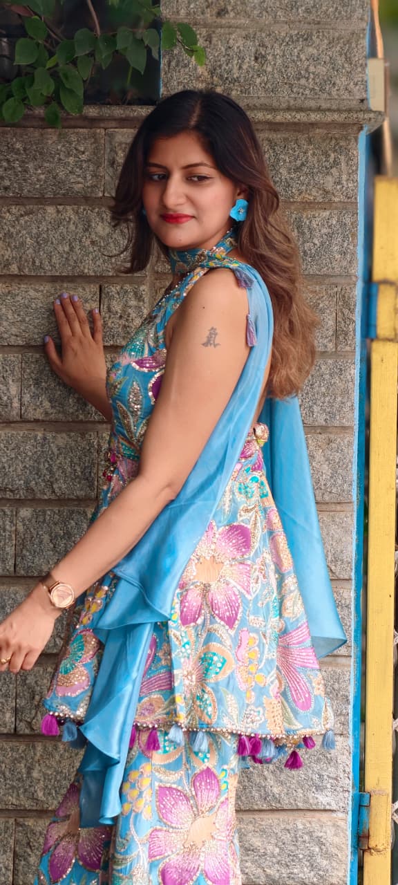 Shimmer Glance Multicolor Spring Floral Jewel Over Waist Haulter Peplum Kurta With Palazzo Bottom & Chowker Dupatta- 15008